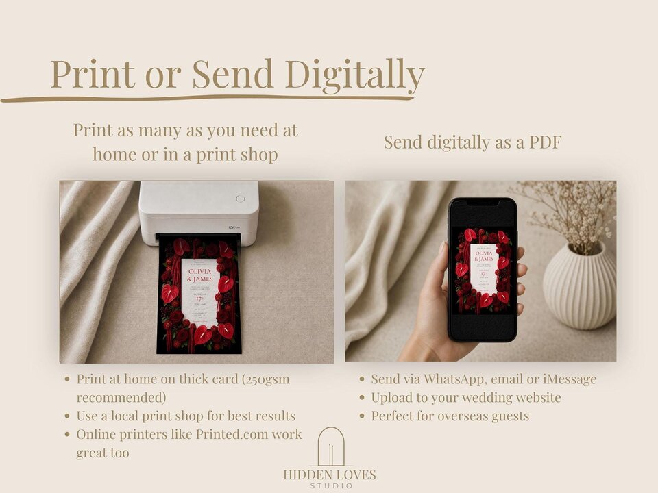 Informational graphic showing a home printer printing a card on the left and a hand holding a phone displaying the invitation on the right.