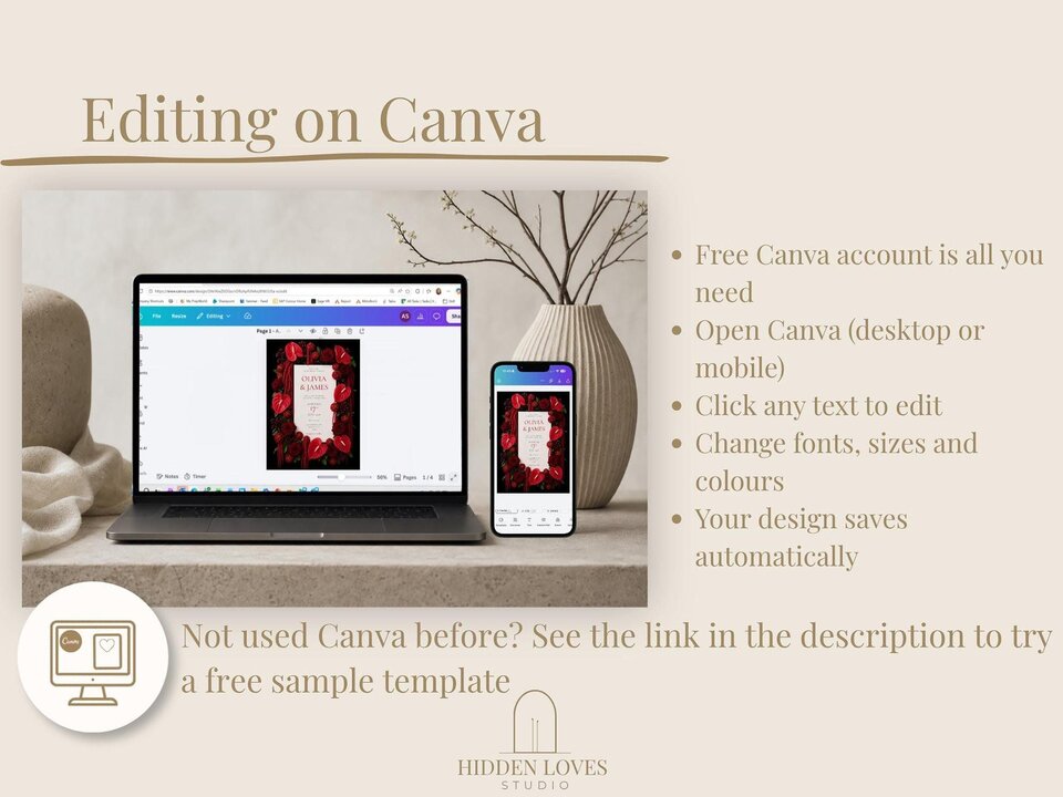 Laptop and smartphone displaying an editable Canva invitation template alongside text instructions for editing.
