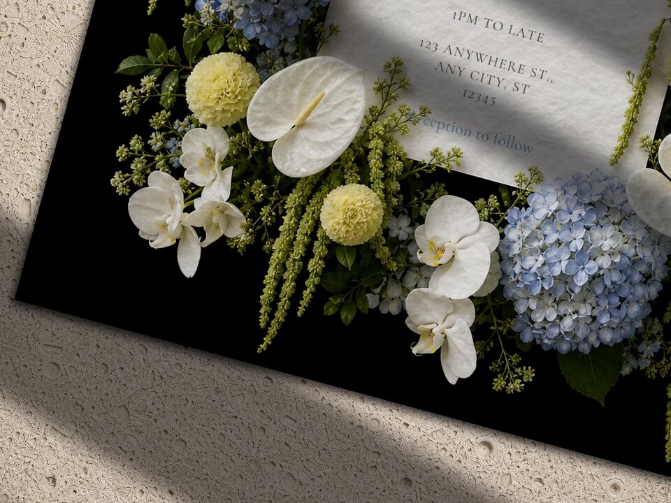Close-up of a wedding invitation set against a black background, framed by blue and white floral arrangements featuring hydrangeas and orchids.
