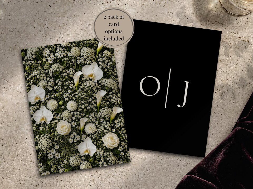 Two wedding cards showing a dense white flower pattern on one and white monogram letters on a black background for the other.