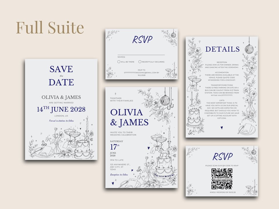 A digital layout displays a complete wedding stationery suite with save the date, RSVP, details cards, and invitation against a light background.