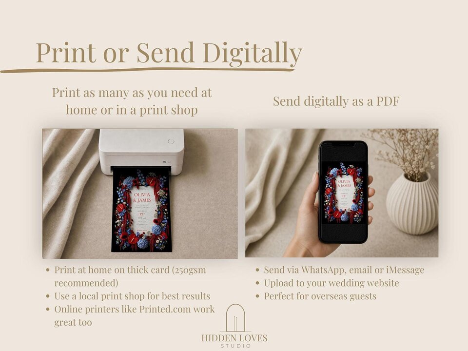 A two-part graphic showing printing instructions on the left with a small printer and digital sharing instructions on the right with a hand holding a phone.