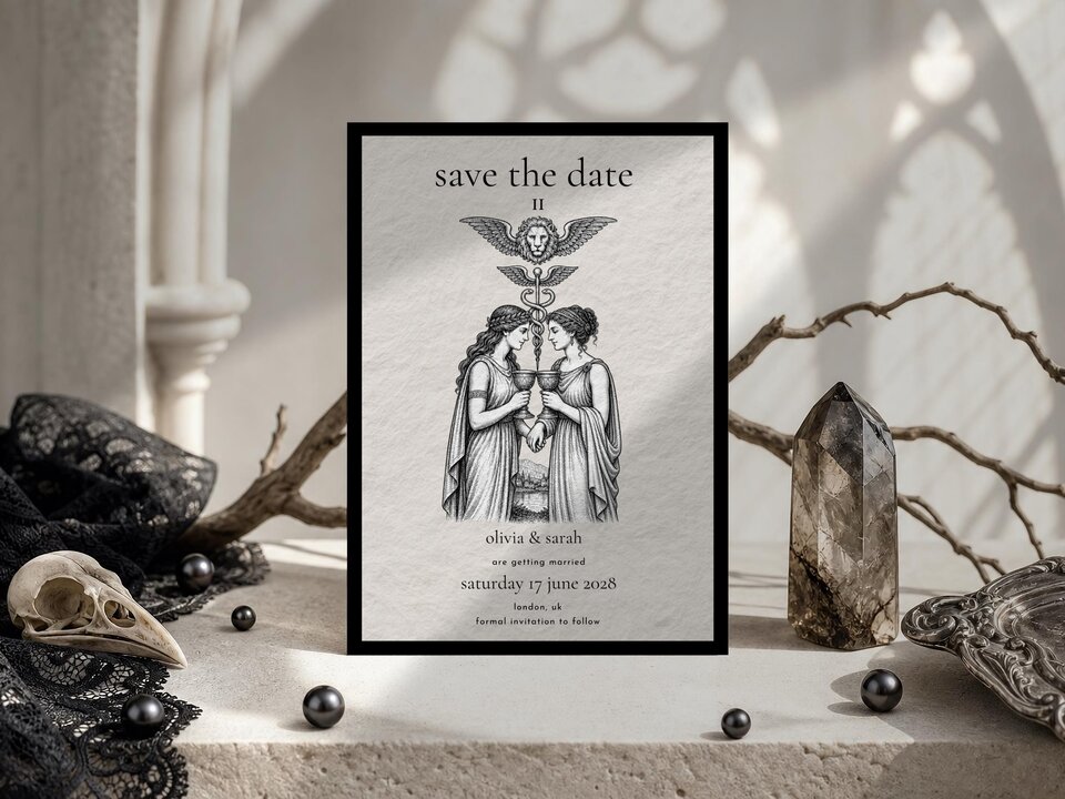 Lesbian tarot save the date inspired by The Lovers card, featuring two women, celestial symbolism and mystical gothic romantic styling.