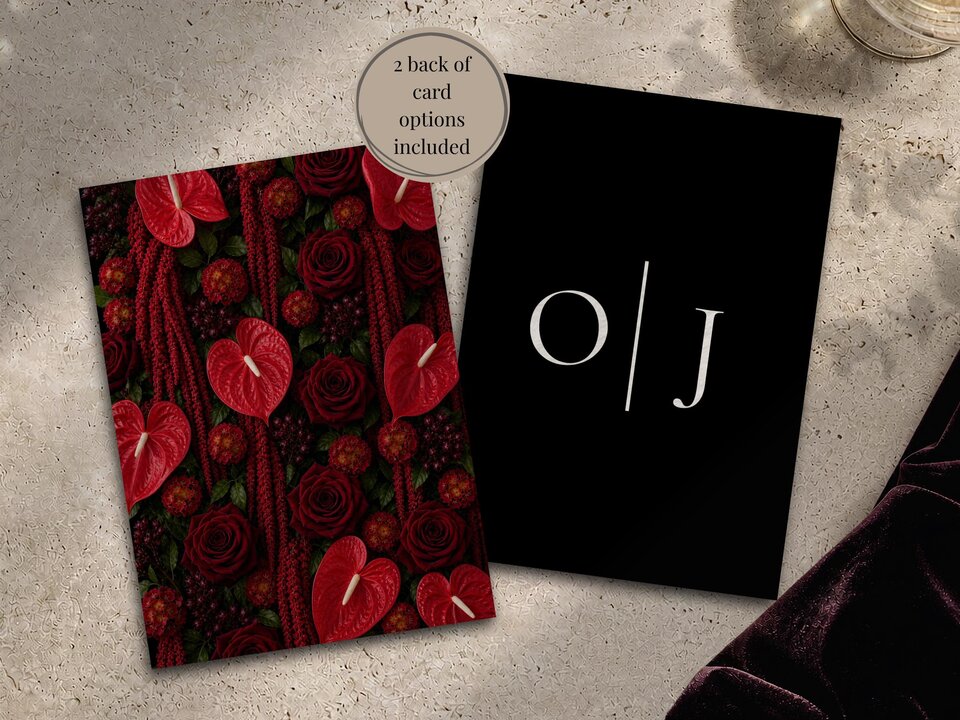 Two wedding stationery options showing a red floral pattern card on the left and a black card with monogram initials on the right.