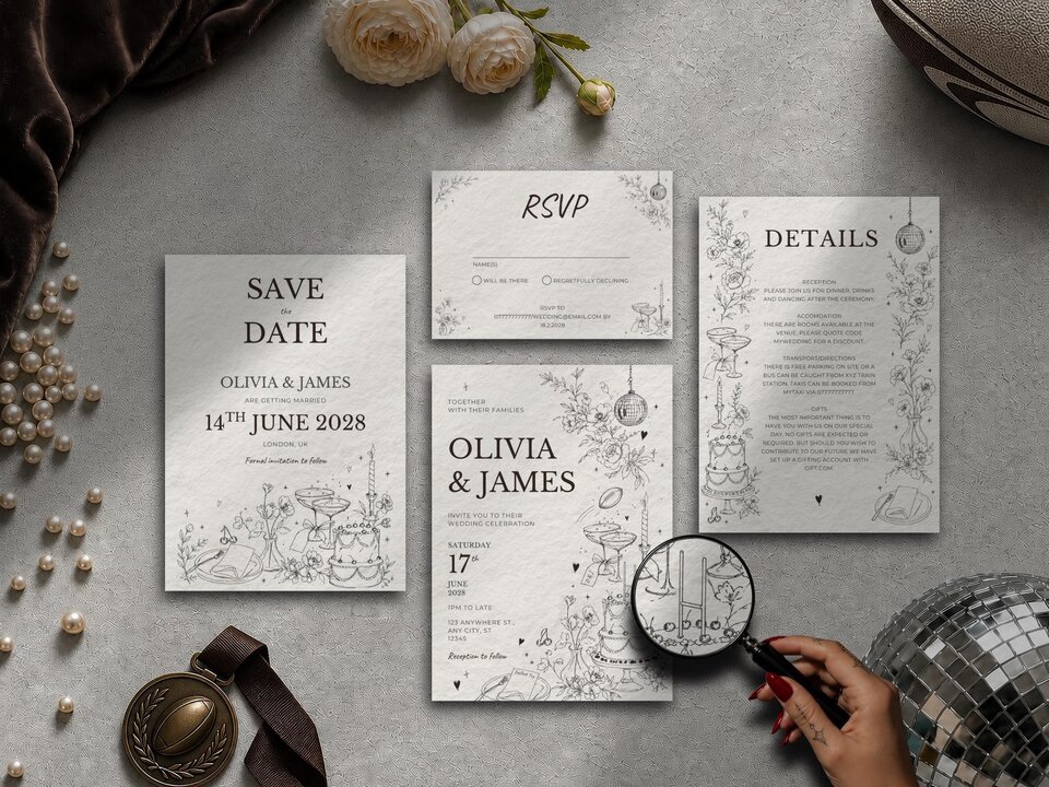 Four wedding stationery pieces including save the date, RSVP, and details cards featuring line illustrations, displayed with a magnifying glass, medal, and pearls.