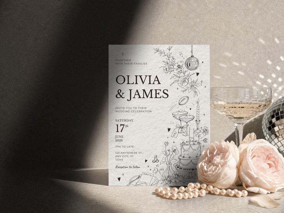 An upright wedding invitation featuring black line art, placed beside a champagne glass, two pale pink roses, and a string of pearls on a dark surface.