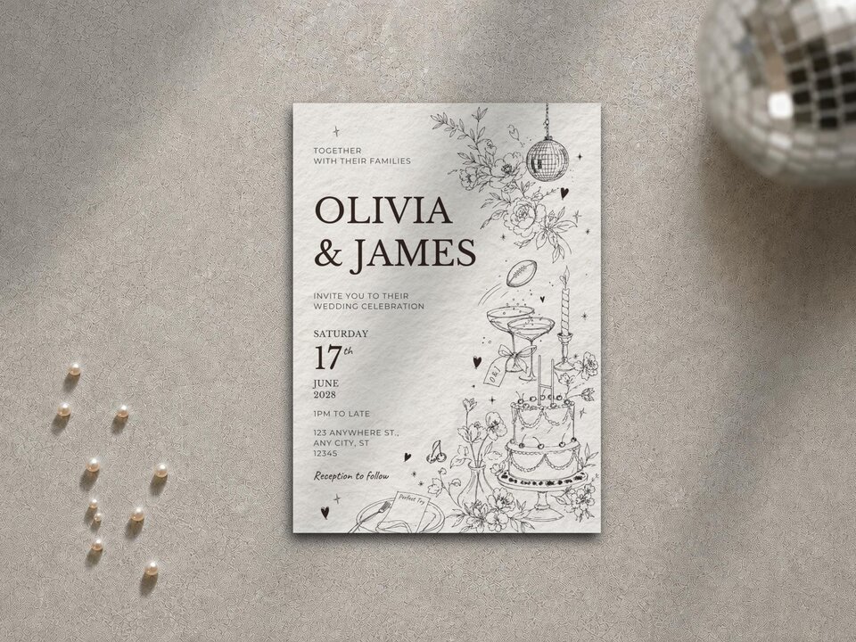 A single wedding invitation template with black text and botanical and novelty line illustrations centered on a neutral surface with scattered pearls.