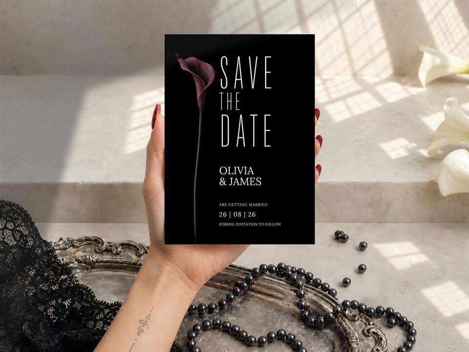 A hand with dark red nail polish holds a black save the date card with a calla lily over a styled surface with pearls and a silver tray.