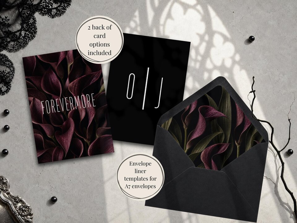 Stationery items including two back of card options and a black envelope with a burgundy calla lily patterned liner are laid out flat.