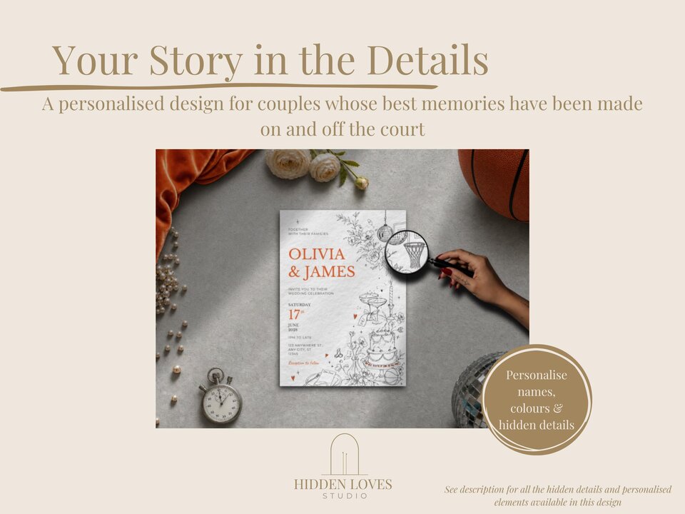 Promotional banner showing a wedding invitation flat lay with text overlay reading Your Story in the Details.
