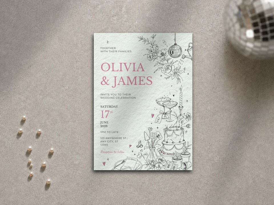 A single botanical wedding invitation rests on a textured gray surface next to scattered pearls and a disco ball.
