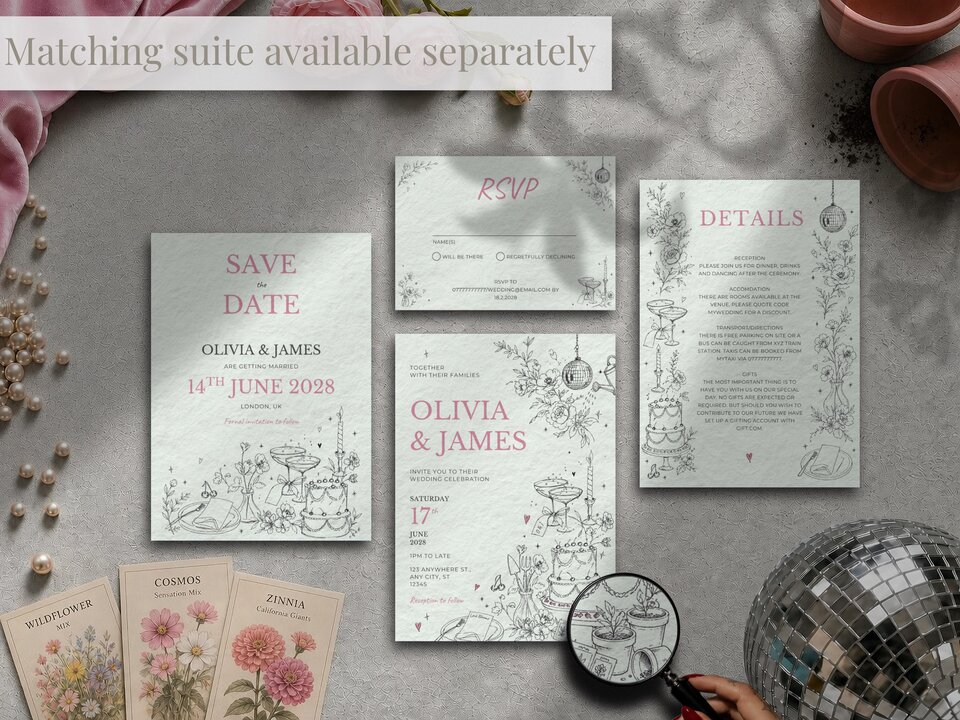 An assortment of matching wedding stationery items including a save the date, RSVP cards, and details card.