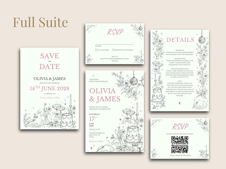 Full suite of editable wedding stationery templates with botanical illustrations and pink text on a light background.
