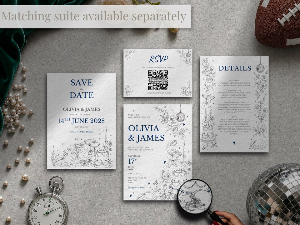 A complete suite of matching wedding stationery items is laid out on a textured surface alongside a stopwatch, a football, pearls, and a disco ball.