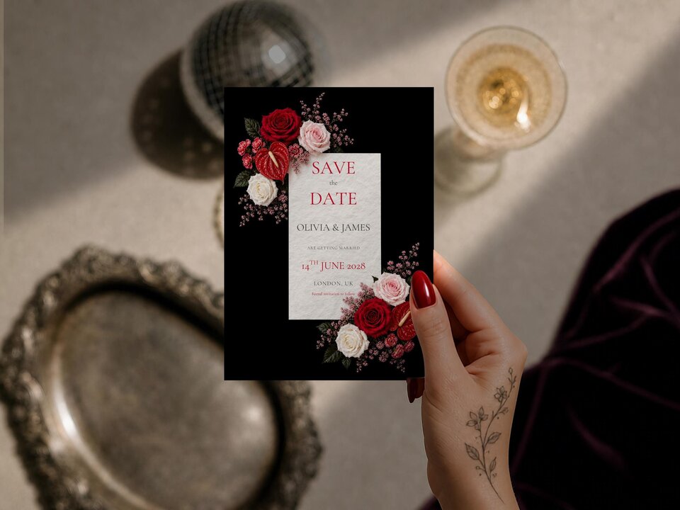 A hand with red nail polish holds the Save the Date wedding card against a textured stone tabletop with a glass and tray nearby.