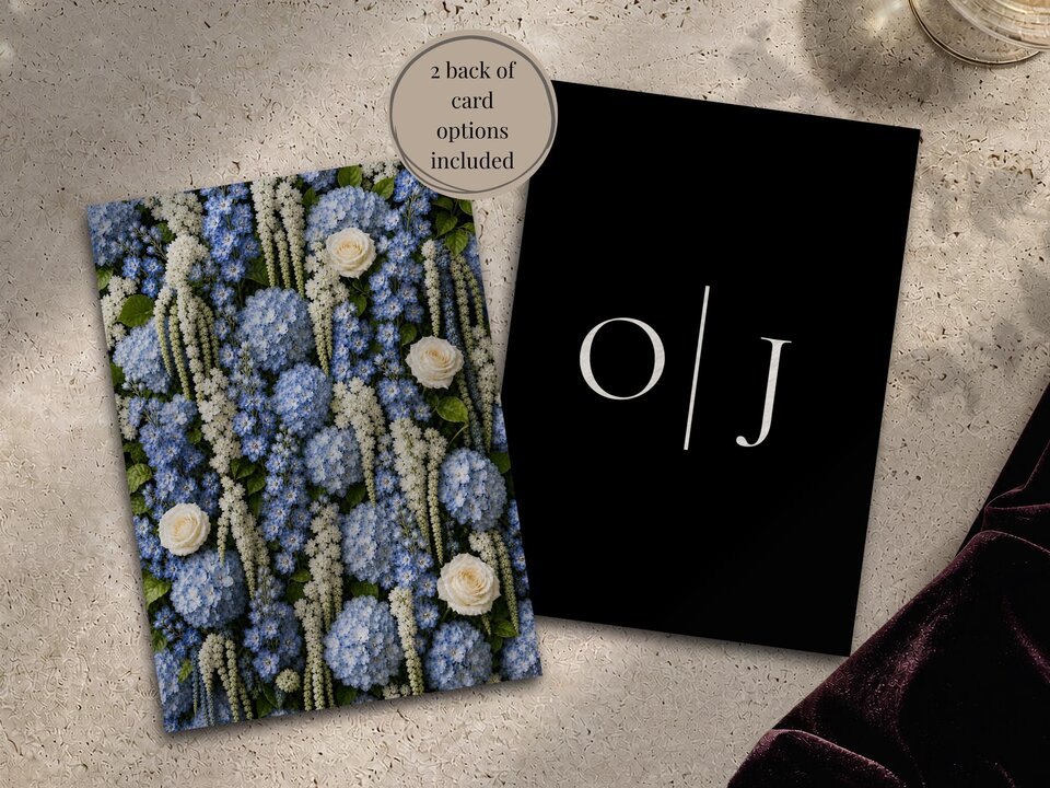 Two cards showing the front with a floral pattern and the back with the initials O and J.