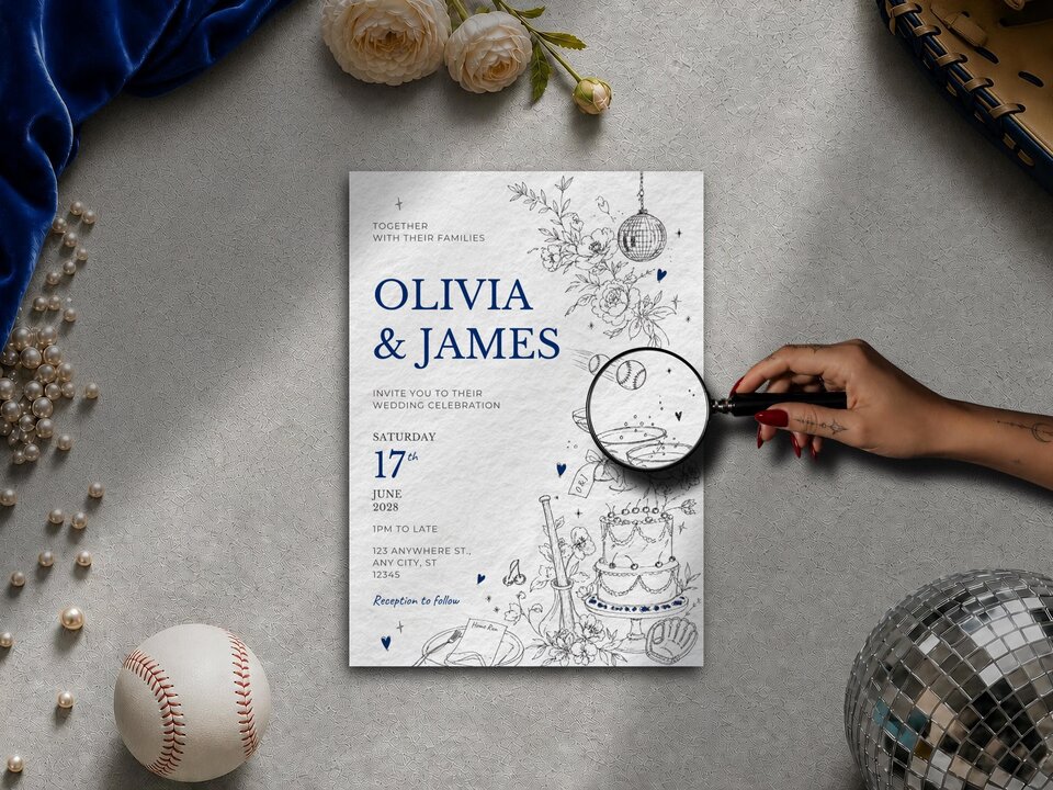 A flat lay image of a wedding invitation with blue text that reads Olivia and James, accompanied by a hand holding a magnifying glass over illustrated details.