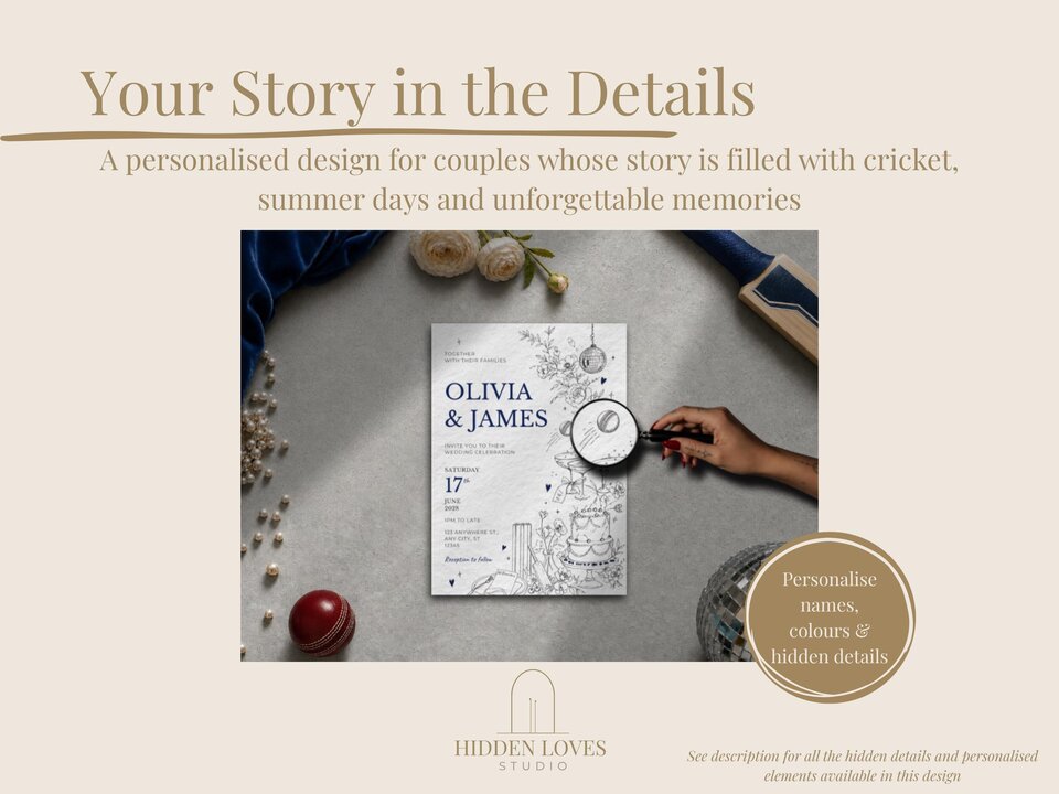 A mockup of a wedding invitation set with a magnifying glass held over a cricket-themed illustration detail.