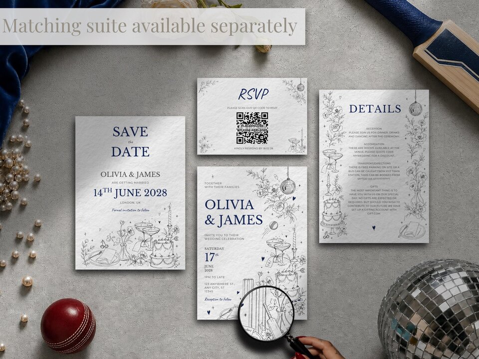 A flat lay of a full wedding invitation suite including Save the Date, RSVP, and Details cards with cricket ball and bat.