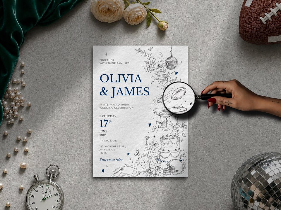 Close-up of a wedding invitation card with blue text reading Olivia and James, alongside line art illustrations including a football and cake.