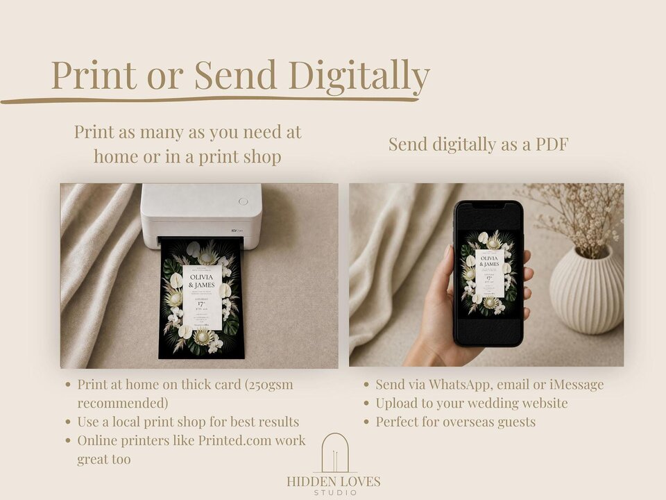 An informational graphic illustrating how to print the invitation at home or send it digitally via a mobile phone.