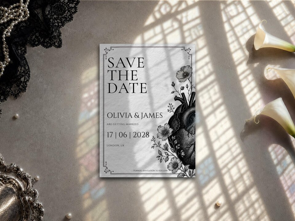 Dark romance save the date featuring an engraved anatomical heart with botanical details, vintage illustration styling and elegant monochrome typography.