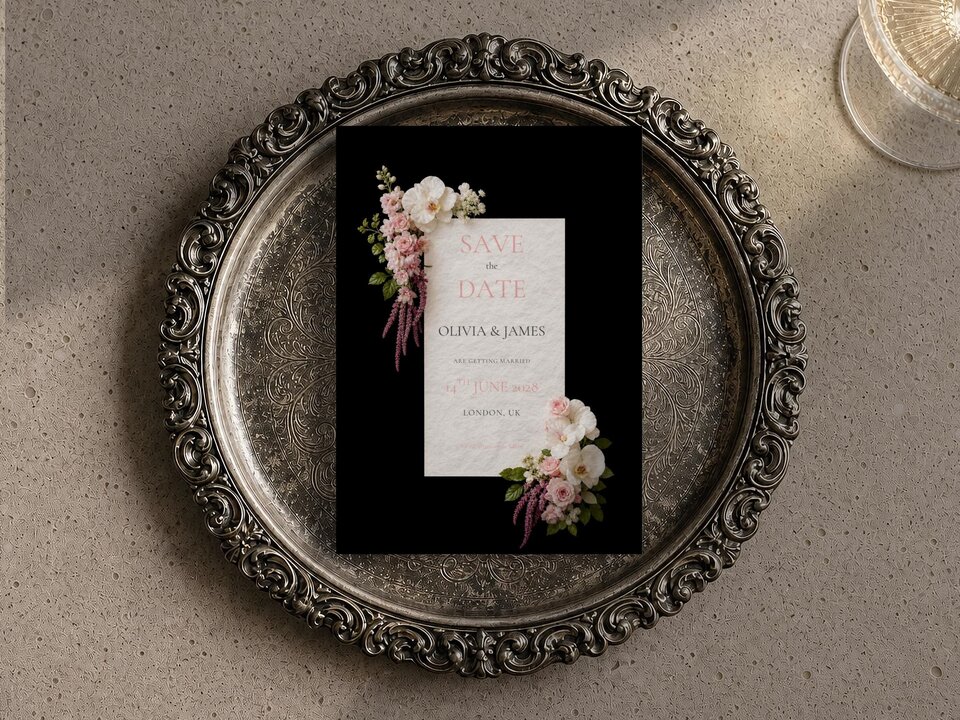 A save the date card resting inside an ornate silver tray, with pink flowers framing the text against a black backdrop.