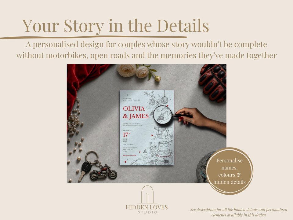 A wedding invitation template featuring line art and red text is laid flat with a magnifying glass held over a tiny road trip detail.