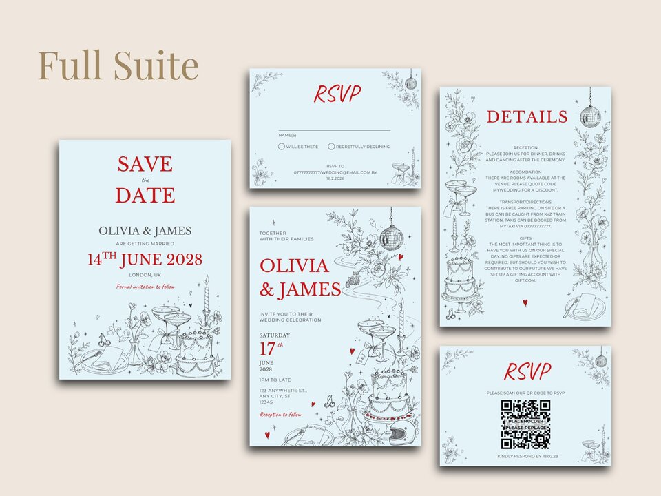 A full suite of wedding invitations and information cards displays matching red typography and whimsical line drawings.