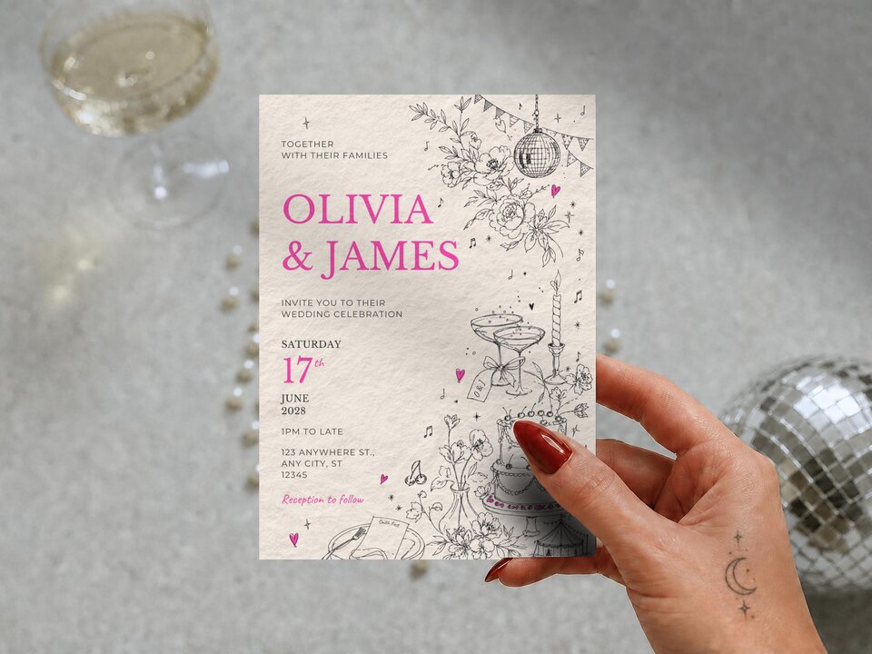 A hand holding a wedding invitation template with pink text against a grey background with a champagne glass and disco ball.
