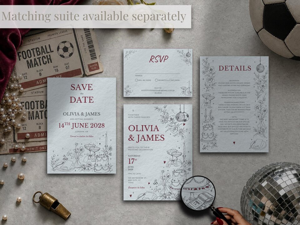 Flat lay showing a matching suite of wedding stationery including save the date cards, RSVP cards, and details cards with football accents.