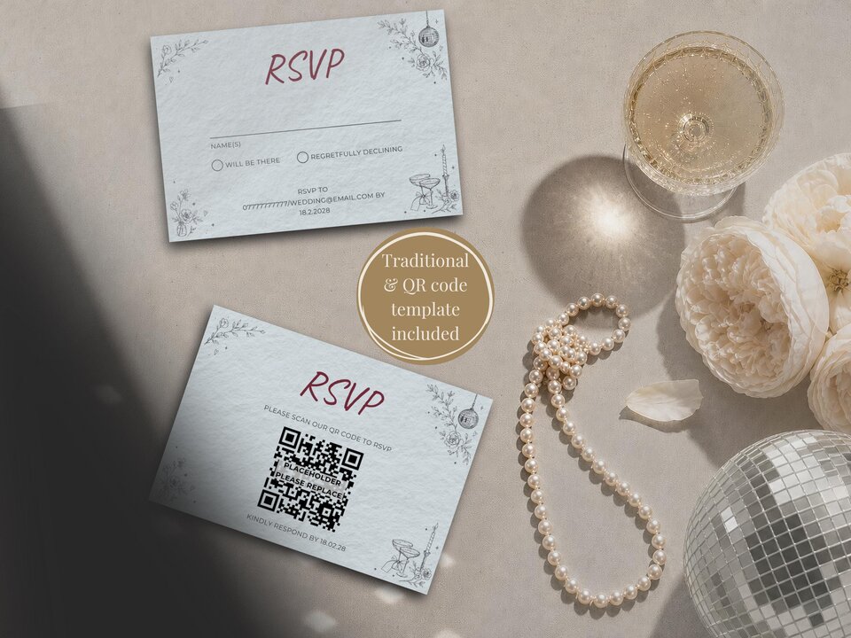 Two RSVP cards with red text and illustrated details lie on a light surface next to pearls, a champagne glass, and a small disco ball.