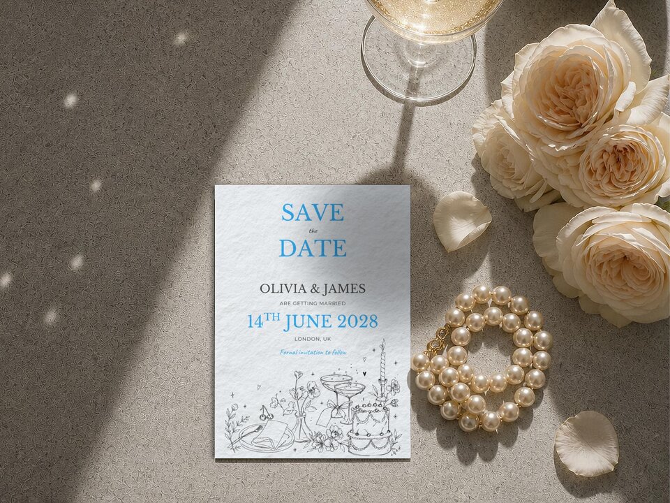 A Save the Date card resting on a stone surface beside a glass of champagne, a cluster of light pink roses, a strand of pearls, and scattered petals.