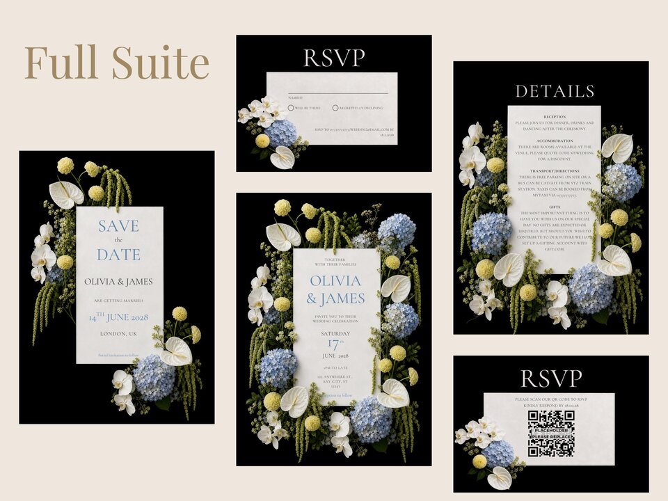 A display of various wedding stationery items labeled full suite, including a save the date, multiple RSVP formats, and a details card.