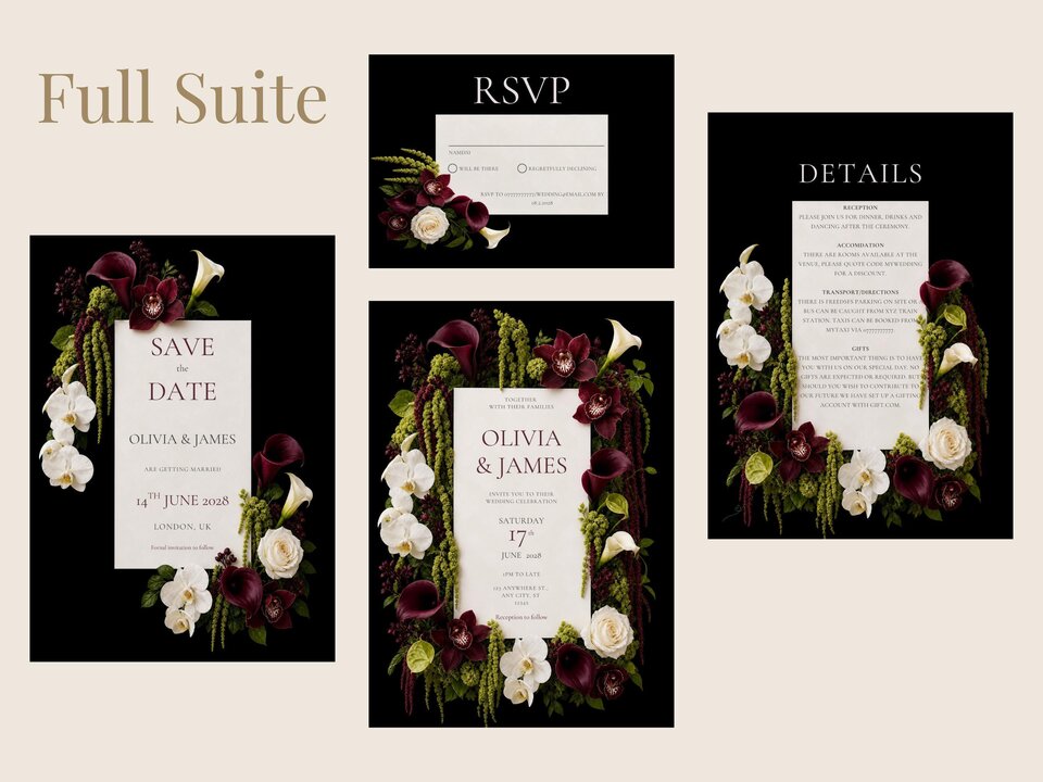 The full suite of wedding stationery templates displayed against a beige background, including invitation, RSVP, and details cards with dark floral designs.