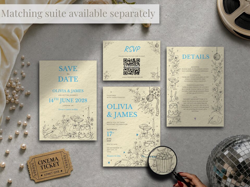 Flat lay of a complete wedding invitation suite including RSVP cards, details card, and save the date.