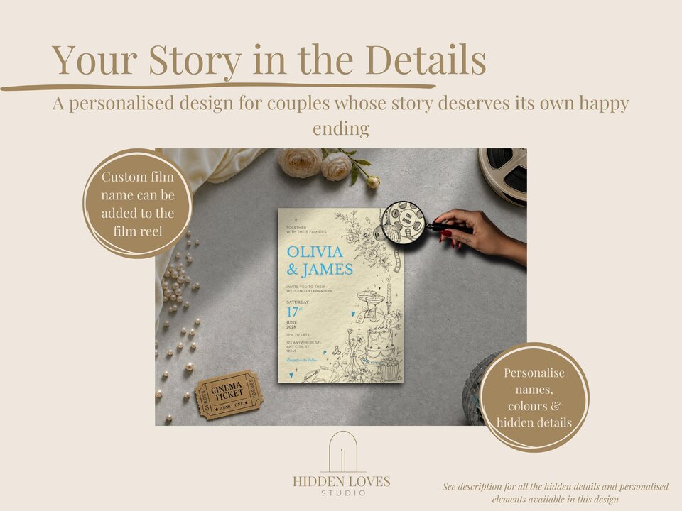 A promotional mockup featuring a wedding invitation for Olivia and James surrounded by pearls, a film reel, and a magnifying glass.