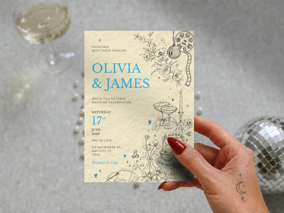 A hand holding the wedding invitation card against a soft background with a champagne glass and disco ball.