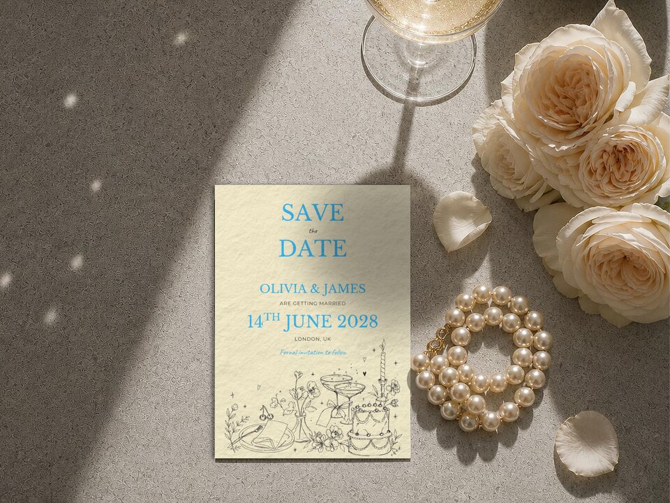 A save the date card for Olivia and James featuring blue text and line art, displayed next to roses and pearls.