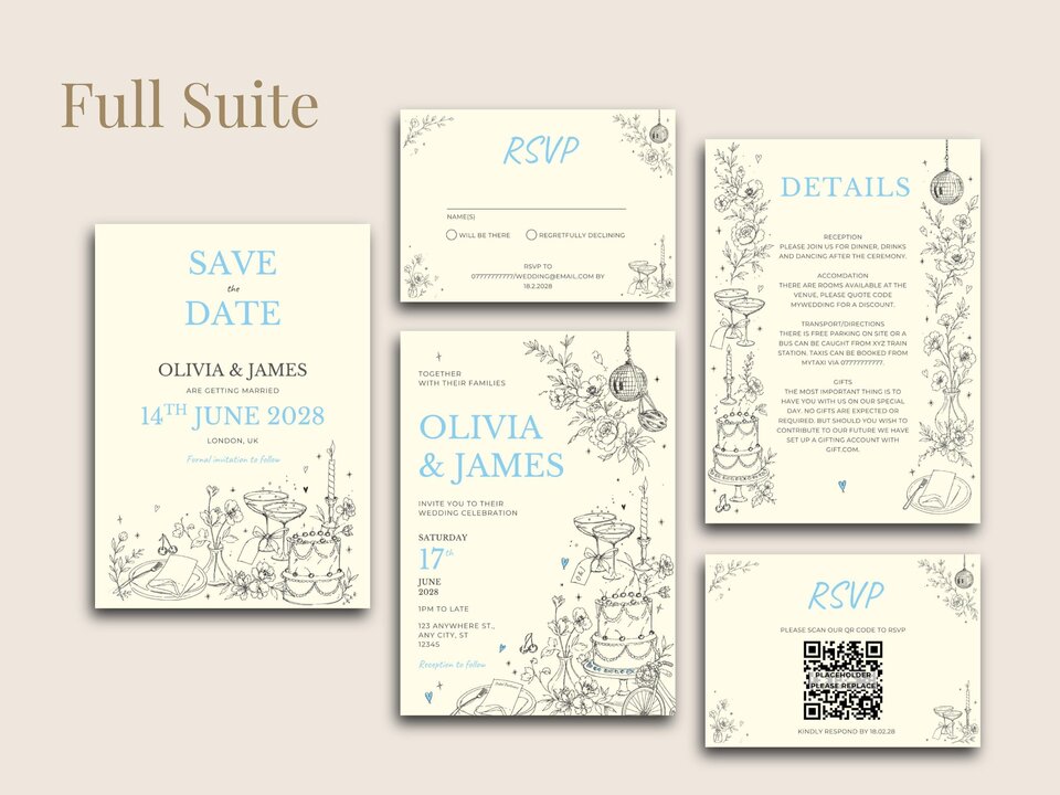 The full wedding stationery suite laid out on a light background, showcasing invitations, details cards, and RSVP cards with coordinated illustrations.