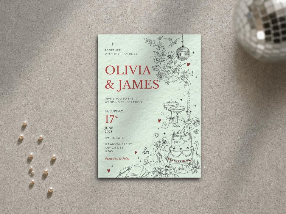 A pale green wedding invitation resting on a textured grey table next to scattered pearls and a disco ball.