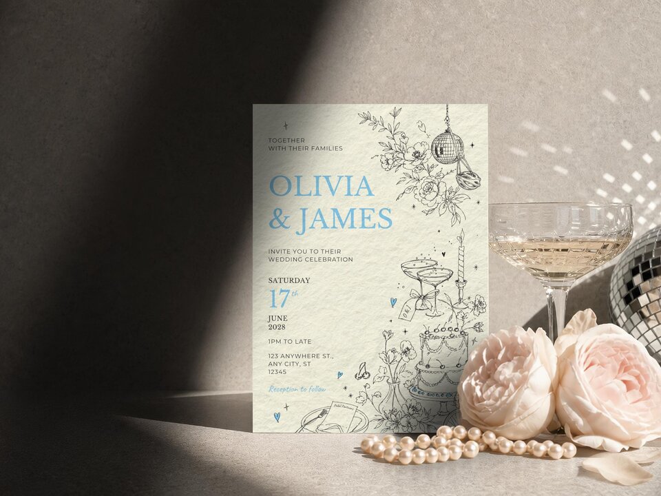An upright wedding invitation is displayed on a table alongside pink peonies, loose pearls, and a champagne glass.