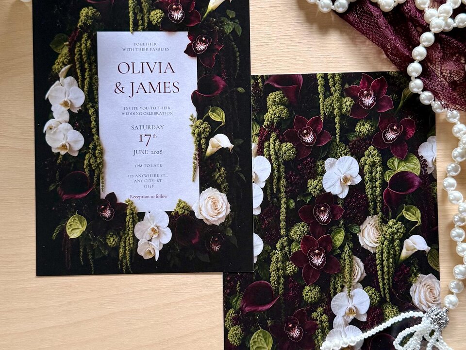 Floral Wedding Invitation Template with Burgundy and Chartreuse Green Editorial Flowers, Editable Canva Digital Download
