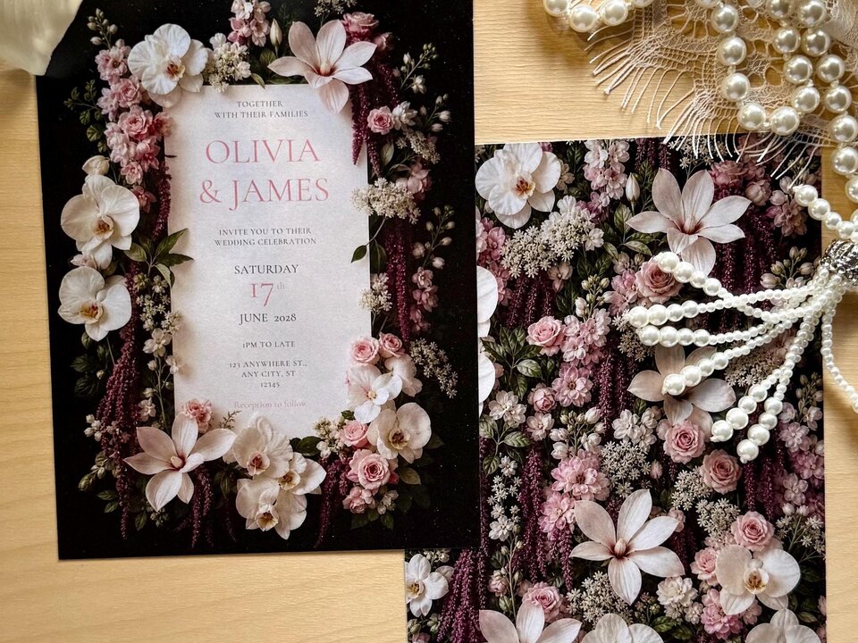 Floral Wedding Invitation Suite with Blush Pink Editorial Flowers, Editable Digital Download Canva Template