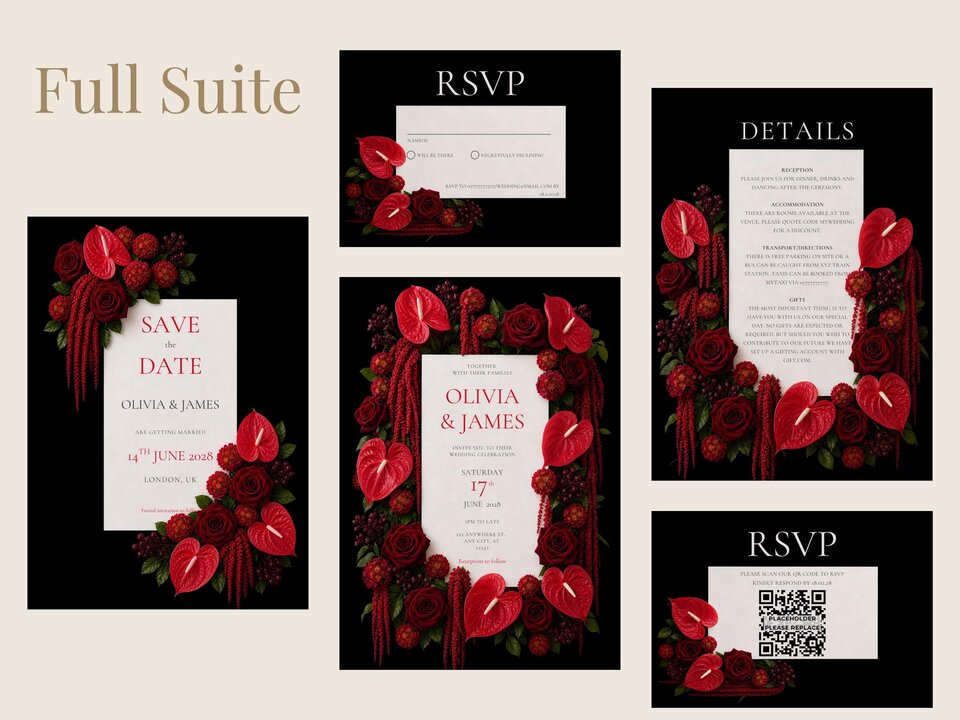 A digital display showcasing the full suite of wedding templates including save the date, RSVP cards, and details cards.