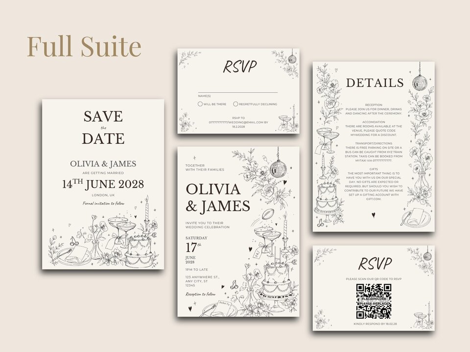 Flat lay of a complete wedding stationery suite including a save the date, invitation, details card, and two RSVP cards with floral illustrations.