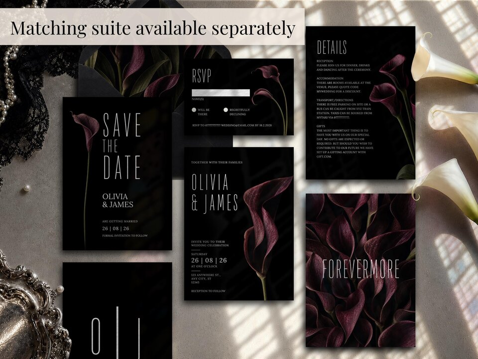 Multiple wedding suite cards are arranged on a light surface, featuring save the date, invitation, RSVP, and details cards with dark calla lilies.