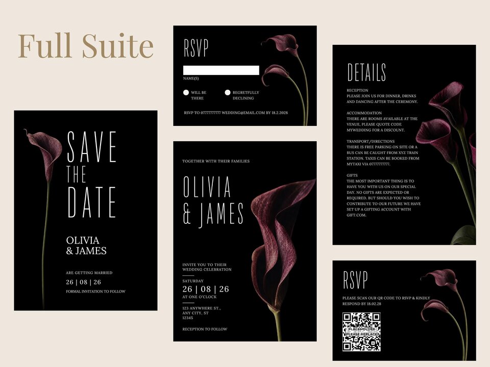 A full suite of wedding stationery featuring save the date, invitation, RSVP, and details cards decorated with dark burgundy calla lilies.