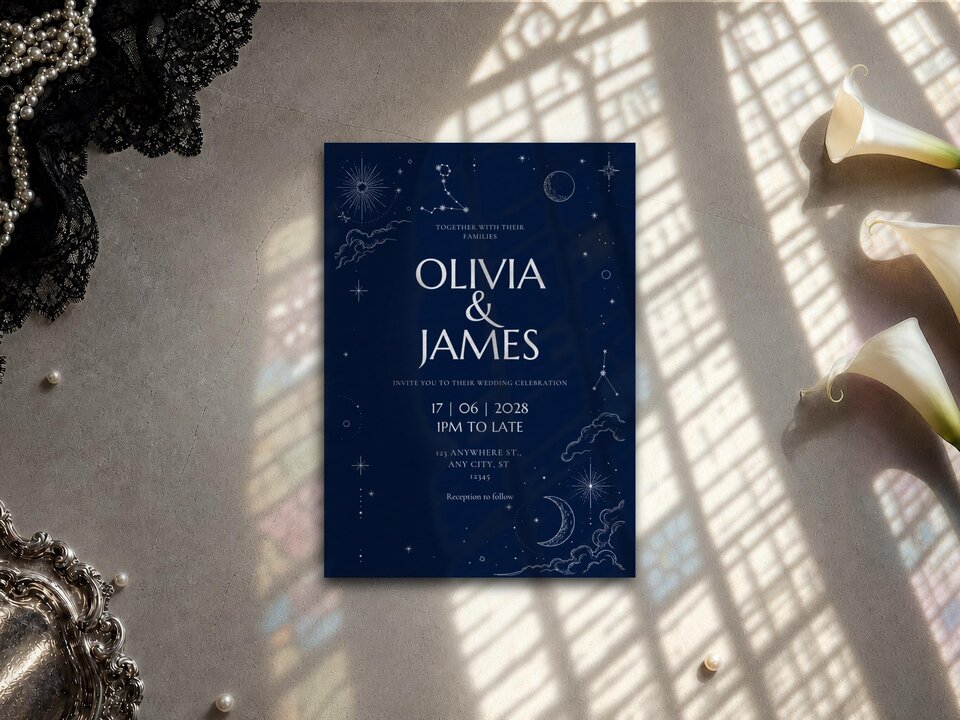 A dark blue wedding invitation lies flat on a grey surface with stained-glass window shadows cast across it alongside white flowers and pearls.
