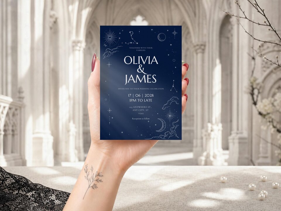 A hand holds up a dark blue constellation wedding invitation card in front of a light-colored Gothic architectural background.